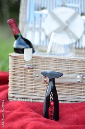 Picknickkorb mit Wein und Korkenzieher, Wiese