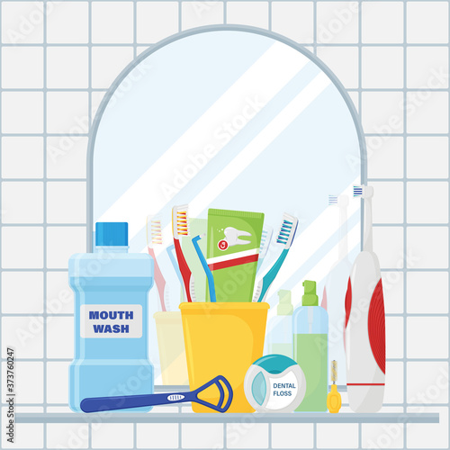 Composition of items for cleaning teeth and oral care. The concept of the bathroom with a mirror and the reflection in the mirror. Dental accessories for oral hygiene. Vector illustration. flat style