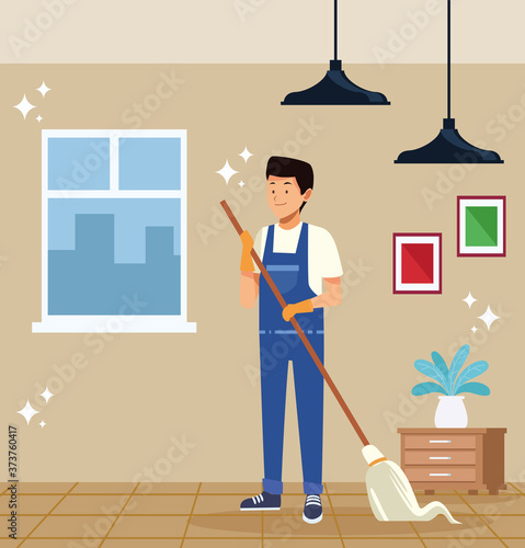 housekeeping male worker with mop tool