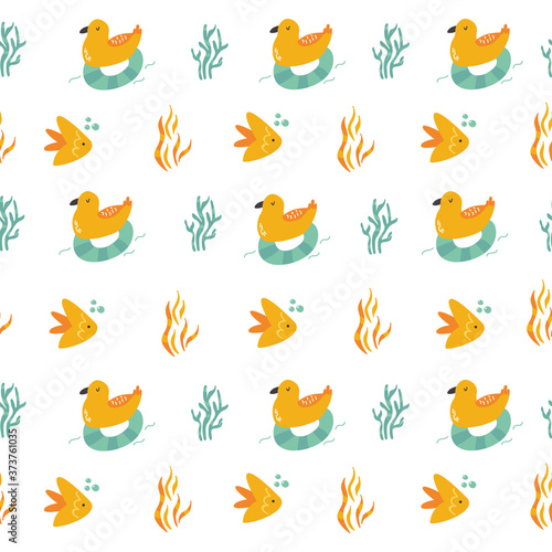Seamless pattern with cheerful seagulls and fishes. Vector illustration