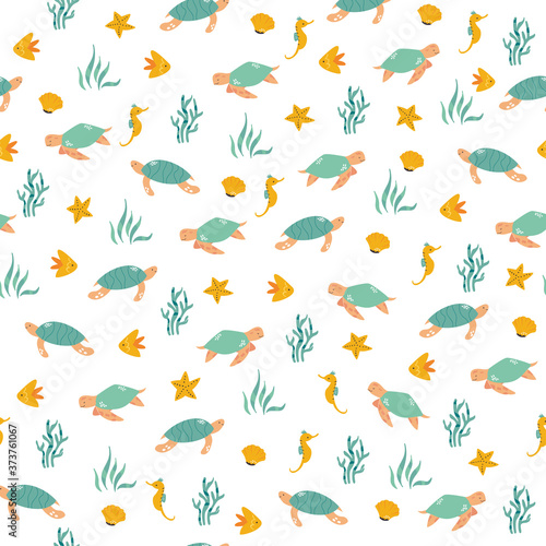 Seamless pattern with cheerful turtles and sea animals. Vector illustration