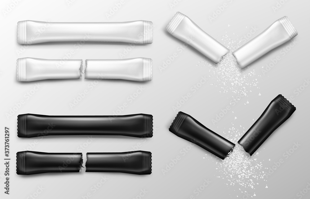 Sugar sticks for coffee in white and black packs. Vector realistic mockup of blank paper sachet with sugar or salt front view. Torn packet with falling white granules Sugar sticks for coffee in white and black packs. Vector realistic mockup of blank paper sachet with sugar or salt front view. Torn packet with falling white granules