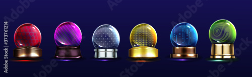 Crystal globes, snow balls on metal stands. Vector realistic set of glass magic spheres with different patterns, glossy transparent domes on golden and silver base. Colored christmas snowglobes