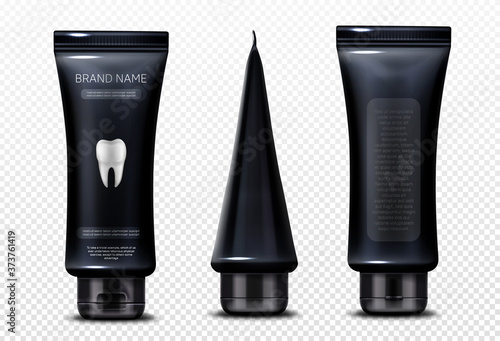Black tube with toothpaste isolated on transparent background. Vector realistic mockup of paste for dental clean and oral hygiene in black plastic package front, side and back view