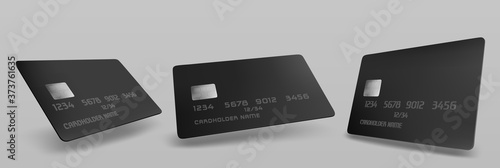 Black credit card mockup, isolated blank template with chip on grey background. Plastic mock up for business identity or branding presentation, payment financial tool, Realistic 3d vector illustration
