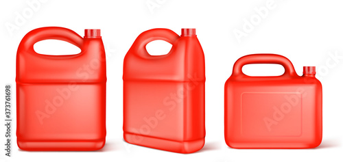 Red plastic canister for liquid fuel, chlorine, motor oil, car lubricant or detergent. Vector realistic mockup of gallon bottle with cap and handle, blank jerrycan isolated on white background