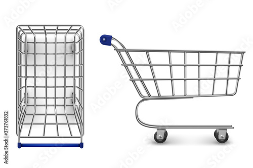 Shopping trolley top and side view, empty supermarket cart isolated on white background. Customers equipment for purchasing in retail shop, grocery and store market. Realistic 3d vector illustration