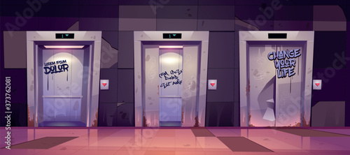 Old dirty hallway with open and closed elevator doors. Vector cartoon illustration of empty lobby interior with broken lifts and graffiti on wall. Messy hall in house in ghetto area