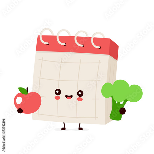 Cute happy desk calendar with apple and broccoli