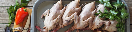 Wild duck carcasses, plucked and washed, are lined up on a gray tray, ready to be cooked. Opening of the autumn hunting season.