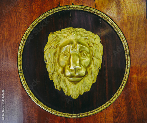 Lion's head in a circle on a wooden surface