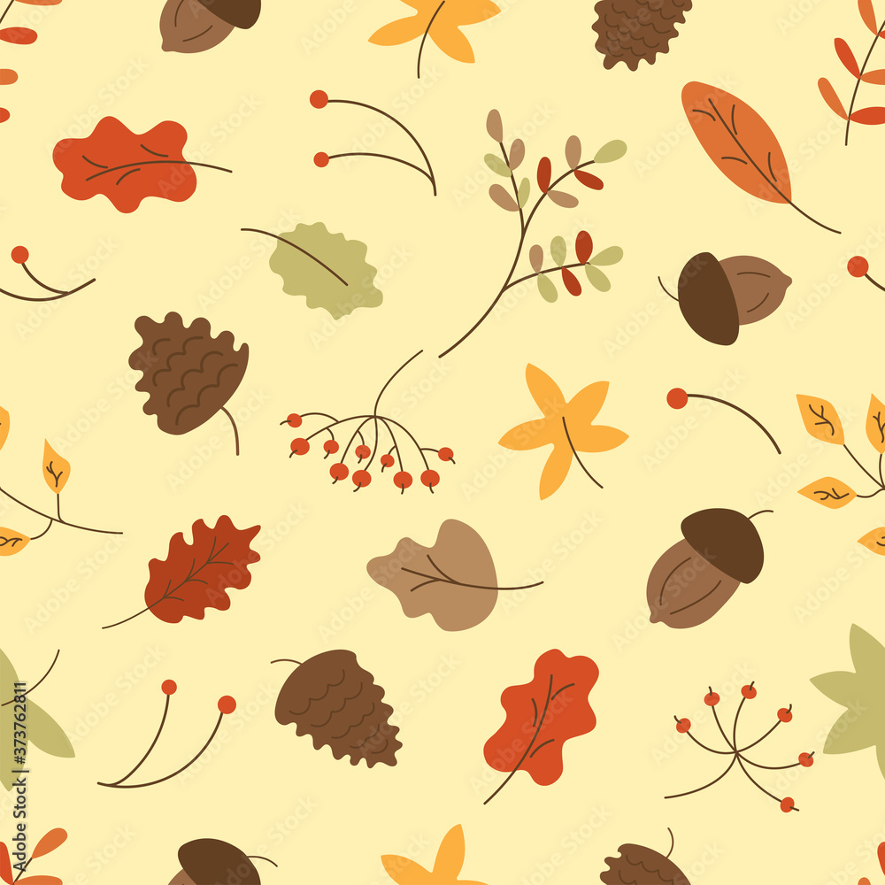 Obraz premium Seamless pattern with autumn leaves, rowan, acorns vector