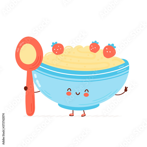 Cute happy bowl of oatmeal porridge with spoon