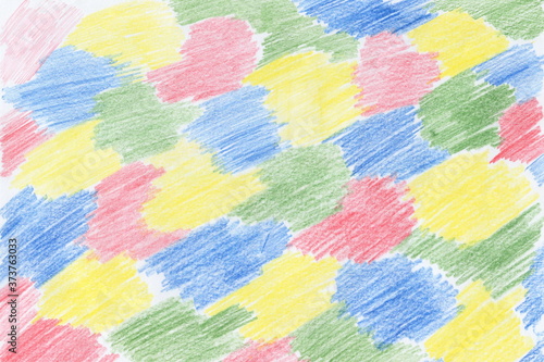 Pencil drawing, yellow, red, blue and green. Multi-colored spots of different sizes, simple, unpretentious drawing with pencils. Abstract multicolored background.