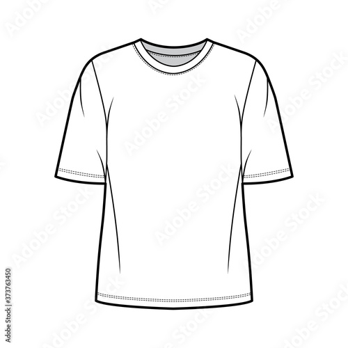 Cotton-jersey t-shirt technical fashion illustration with crew neckline, elbow sleeves, oversized, tunic length. Flat outwear basic apparel template front, white color. Women men unisex top CAD mockup