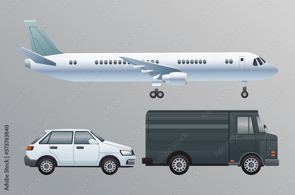 white airplane and car with van transport vehicles