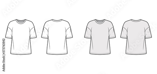Cotton-jersey t-shirt technical fashion illustration with crew neckline, elbow sleeves, dropped shoulders. Flat outwear basic apparel template front, back, white grey color. Women men unisex top CAD