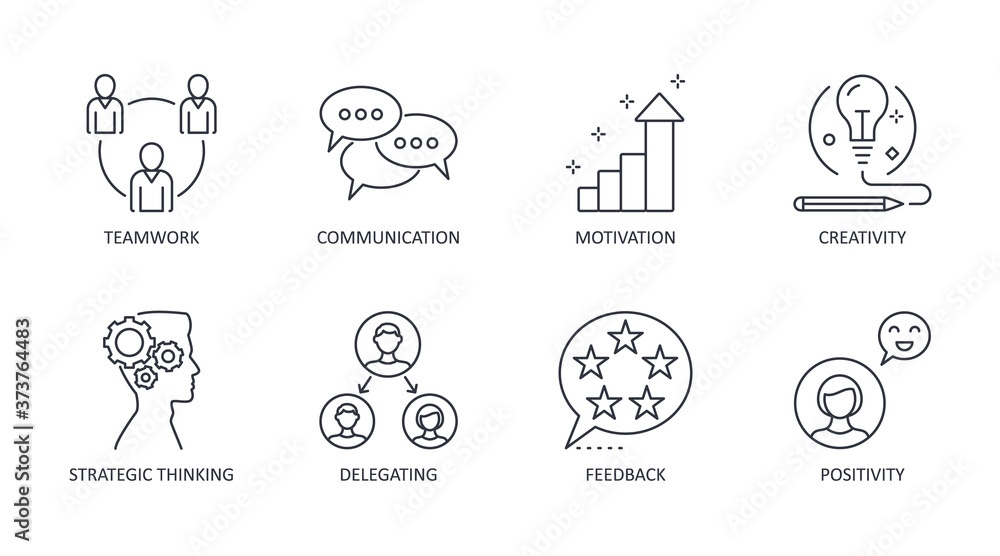 Leadership icons. Editable stroke vector icon set stock. Teamwork creativity motivation communication. Delegation strategic thinking, feedback positivity symbols