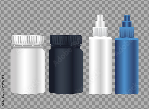 pots products and splash bottles branding isolated icons