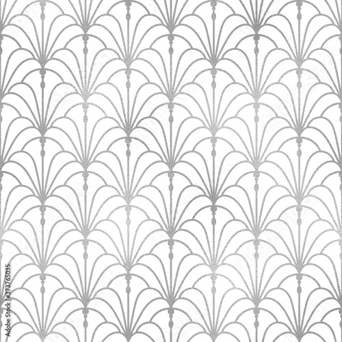 Art deco fan. Silver geometric seamless pattern. Arc deco graphics trellis. Stylish flower repeat background. Nouveau gatsby design prints. Classic Chinese oriental shell texture. Ornate scale. Vector