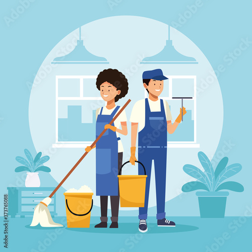 housekeeping couple workers with mop and bucket