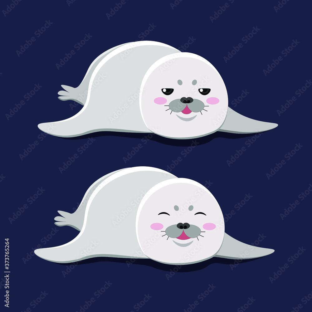 Vector image of a cute white seal. Two images with different emotions. Happy and serious.