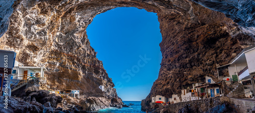 Panoramic view from the spectacular interior of the cave of the town of Poris de Candelaria on the north-west coast of the island of La Palma, Canary Islands. Spain. Pirate town photo