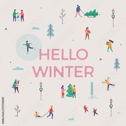 Lovely vector 'Hello Winter' banner, poster or postcard template with traditional winter and Christmas season outdoors leisure activities