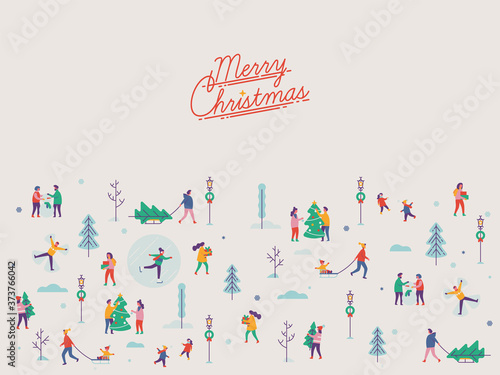 Beautiful vector 'Merry Christmas' background with abstract winter season outdoors leisure activities, people enjoying playing in snow, festive shopping, decorating trees, ice skating, etc.