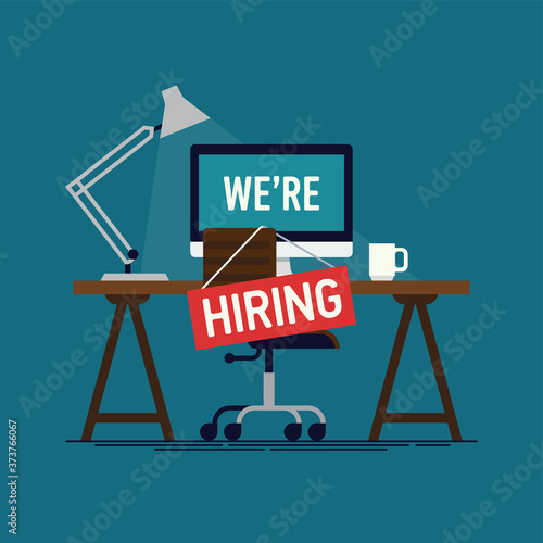 Cool vector illustration on We are Hiring with empty office workplace ready to be occupied by employee
