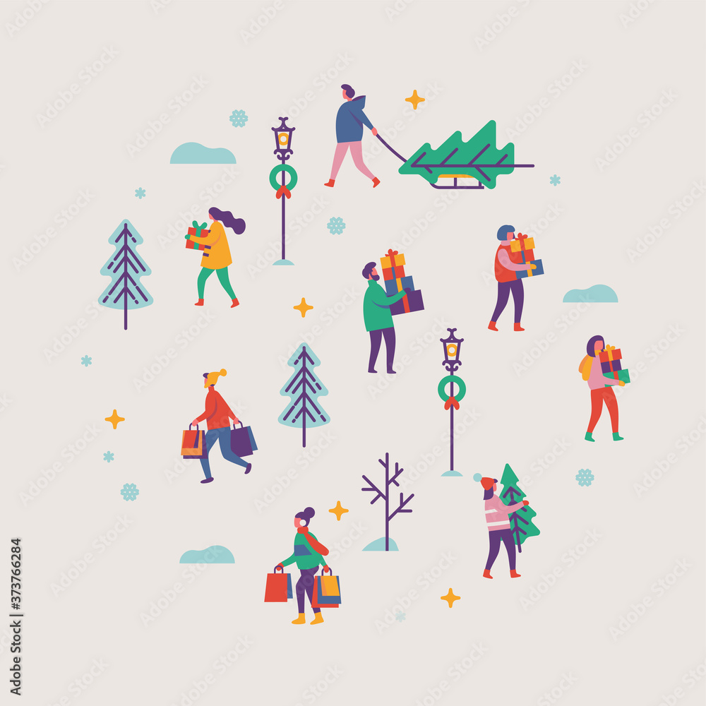 Vector round shaped design element on winter holiday season and Christmas eve festive chores with abstract people carrying gifts and evergreen trees in snowy background