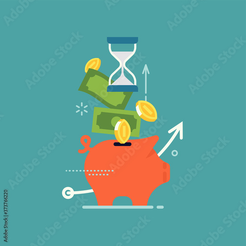 Money savings flat vector concept design with abstract piggy bank, cash money, coins and hourglass