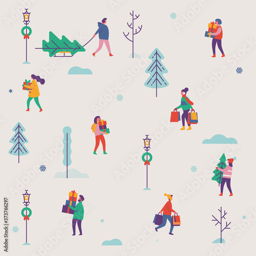 Vector simple soft colored pattern on winter holiday season and Christmas eve festive chores with abstract people carrying gifts and evergreen trees in snowy background