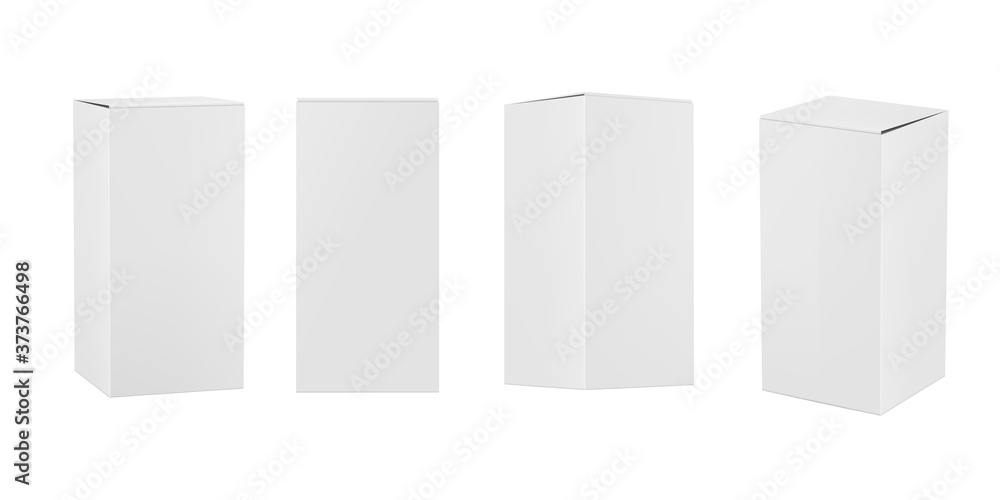Vector realistic mockup, layout of a rectangular paper box, positioned vertically, front view and perspective view. Vector EPS 10. Vector realistic mockup, layout of a rectangular paper box, positioned vertically, front view and perspective view. Vector EPS 10.
