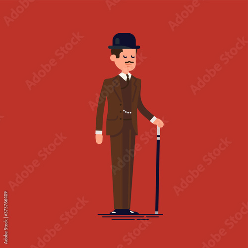 Lovely flat character design on posh english gentleman with cane wearing brown tweed costume and bowler