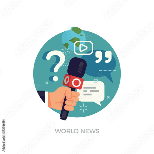 Vector round design element on global news, journalism, live report or interview with hand holding microphone and abstract media icons and symbols. Press conference minimalistic illustration