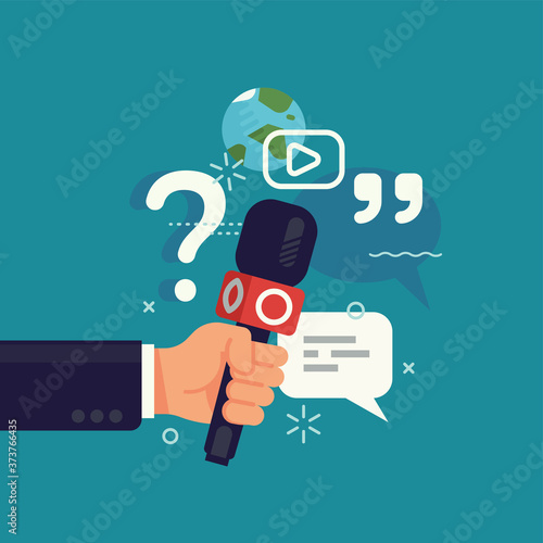 Quality vector concept visual on global news, journalism, live press report or interview with hand holding microphone and abstract media icons and symbols. Press conference minimalistic illustration