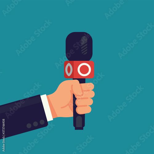 Cool vector flat design illustration on reporter hand holding news channel microphone