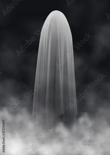 Scary ghost on a dark background in the fog. An evil spirit with a covered sheet. Set of flying transparent spectres. Vector EPS 10
