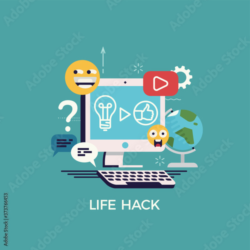 Flat vector illustration on life hack. Cool concept visual with social media creative process on generating and sharing ideas and knowledge on improving different life spheres