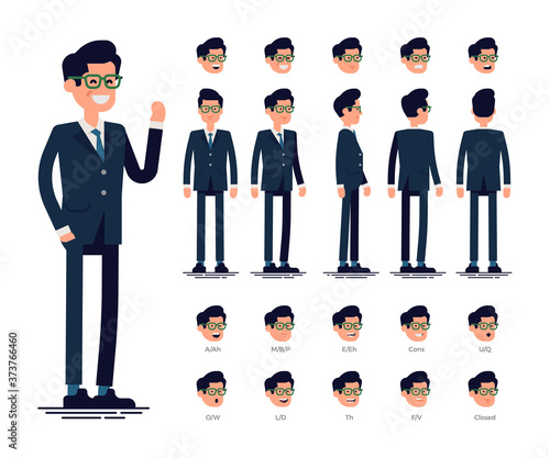 Vector flat character sheet with businessman standing front, side, back views, full length. Facial emotions, basic set of phoneme mouth lip sync chart. Ideal for infographics animation, motion design
