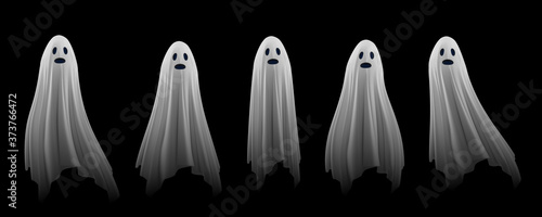 Ghost on a black background. An evil spirit with a covered sheet. Set of flying transparent spectres.  Vector EPS 10  photo