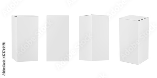 Vector realistic mockup, layout of a rectangular paper box, positioned vertically, front view and perspective view. Vector EPS 10.
