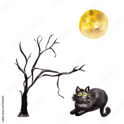 Watercolor hand drawn illustration of  tree silhouette  black cat and full moon isolated on white. Happy Halloween celebration postcard design. Premade template for greeting card.Trick or treat kids 