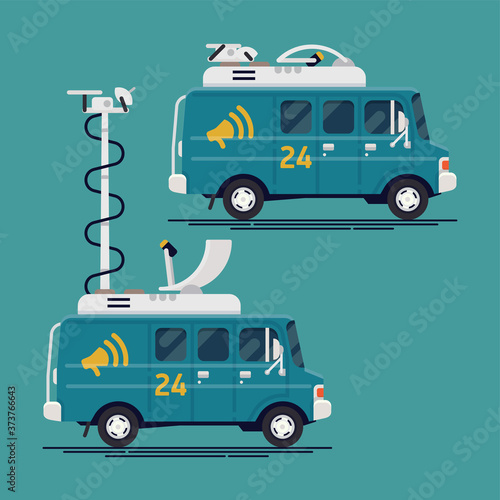 Cool vector news van with folded up and unfolded transmitter antenna. Satellite truck flat design illustration. Broadcasting TV channel mobile station