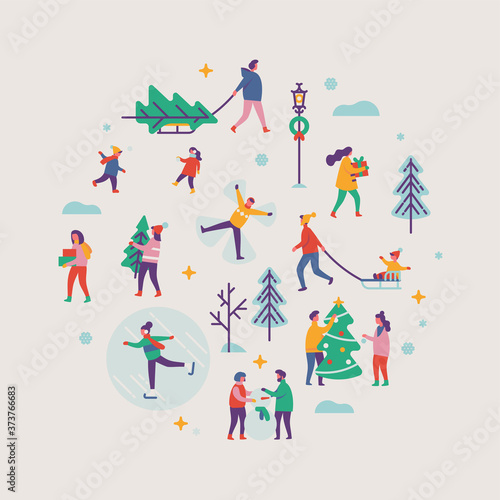 Vector winter season round shaped design element on Xmas holidays outdoor activities. Abstract people making snowman  carrying xmas trees on sleigh  carrying gift boxes  ice skating  playing  etc.