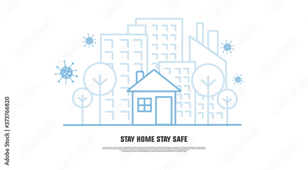 Banner line art stay home stay safe avoid coronavirus design isolated on white background