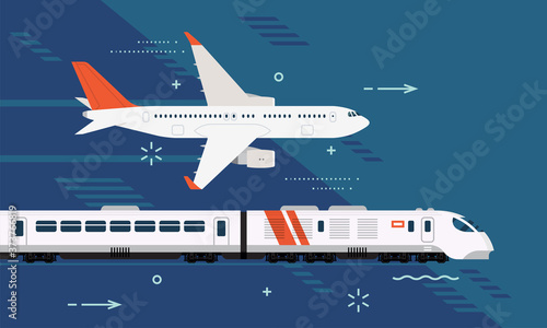 Touristic destinations. Travel by plane or by high speed express train. Airway and railway trip options. Passenger transportation design elements airliner and modern train on abstract background