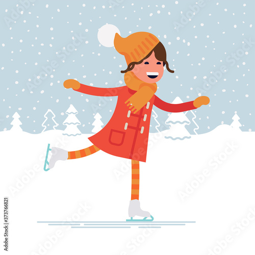 Cute girl ice skating in winter snowy landscape. Vector quality character design on winter holidays season break outdoors recreation and activities for kids