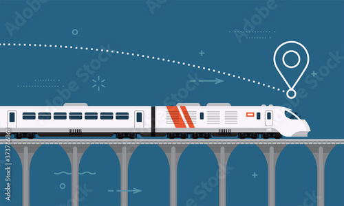 Express train on railway viaduct flat vector transportation design element. Travel by train concept illustration